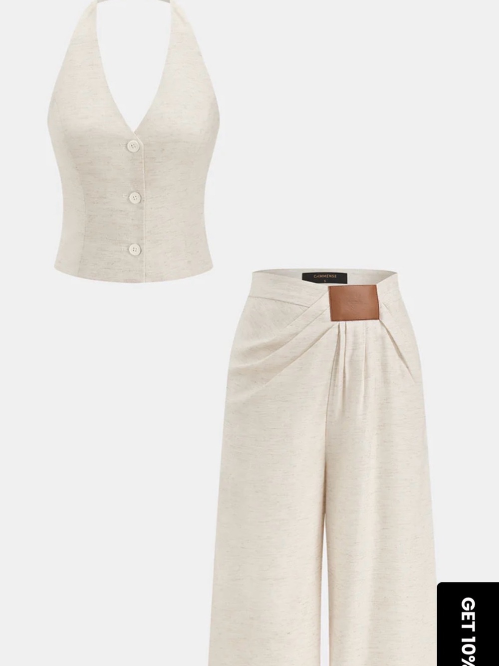 Commense Cream Halter Vest and Wide-Leg Jumpsuit Set with Leather Tab - Picture 1 of 6